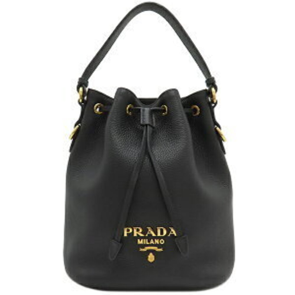Prada bag metal logo leather Nero Black shoulder drawstring